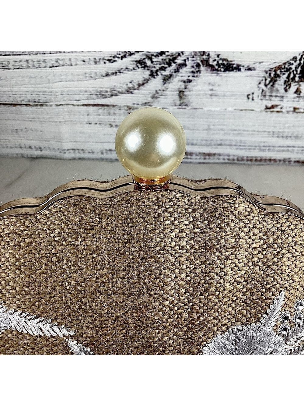 Haute Hippie Beach bag Tan Gold Floral Clutch Wristlet rhinestones embroidered - Picture 8 of 11